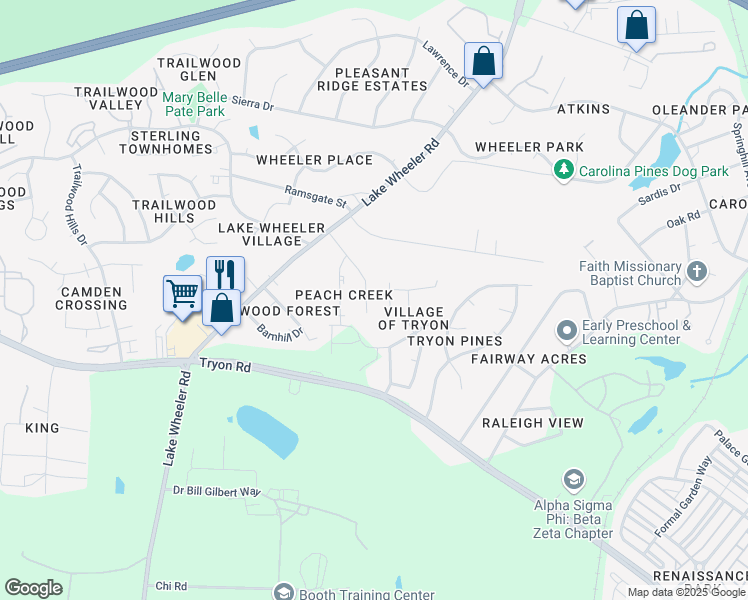 map of restaurants, bars, coffee shops, grocery stores, and more near 2242 Plum Frost Drive in Raleigh