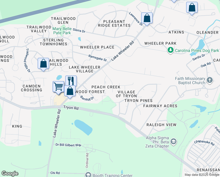 map of restaurants, bars, coffee shops, grocery stores, and more near 1904 Tischer Road in Raleigh