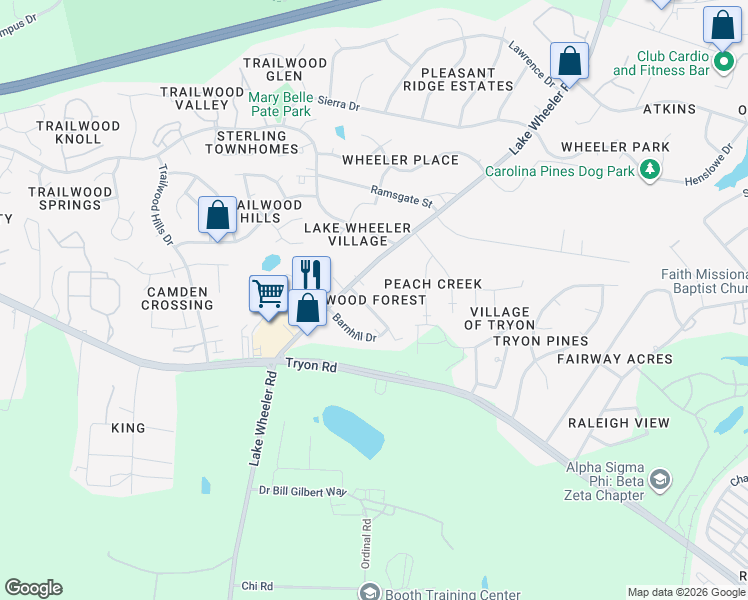 map of restaurants, bars, coffee shops, grocery stores, and more near 2608 Stewart Drive in Raleigh