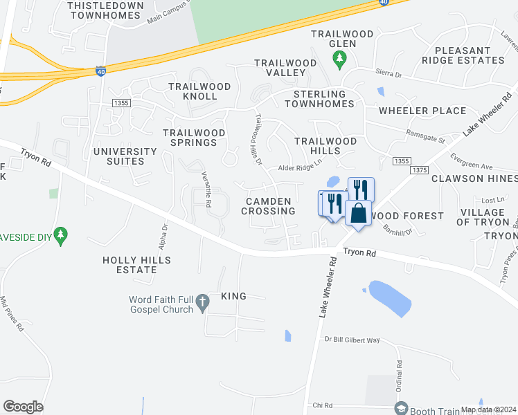 map of restaurants, bars, coffee shops, grocery stores, and more near 2840 Barrymore Street in Raleigh