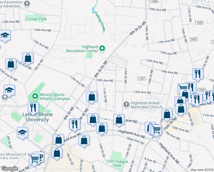 map of restaurants, bars, coffee shops, grocery stores, and more near 1217 11th Street Northeast in Hickory