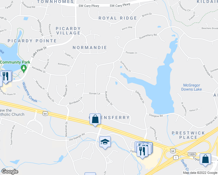 map of restaurants, bars, coffee shops, grocery stores, and more near 207 Rutherglen Drive in Cary