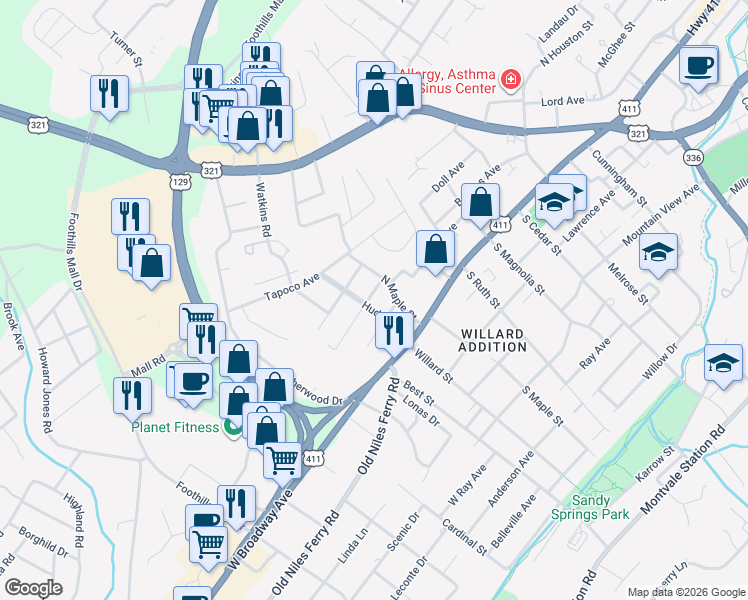 map of restaurants, bars, coffee shops, grocery stores, and more near 206 Hudson Street in Maryville