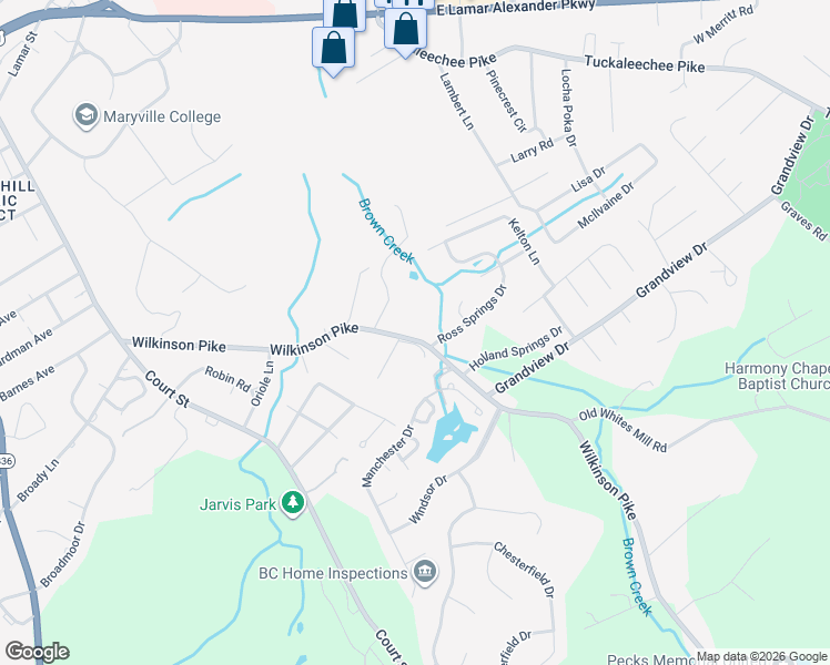 map of restaurants, bars, coffee shops, grocery stores, and more near 1828 Wilkinson Pike in Maryville