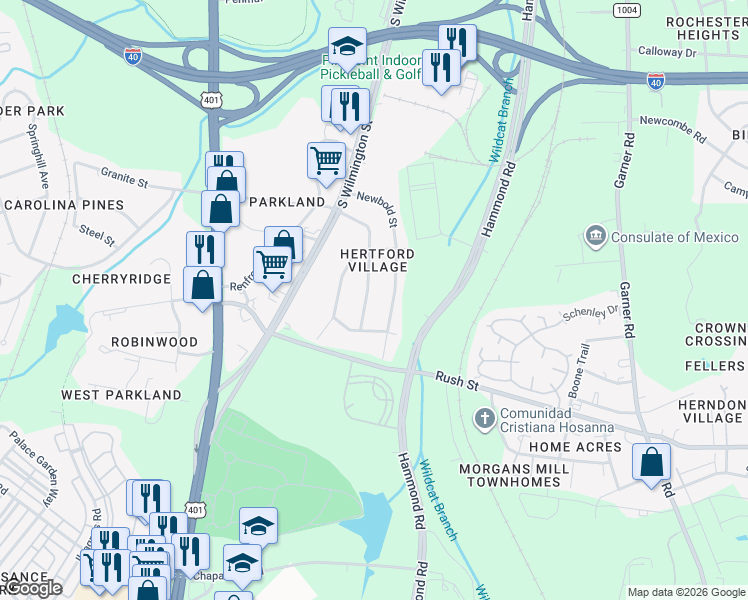 map of restaurants, bars, coffee shops, grocery stores, and more near 2739 Layden Street in Raleigh
