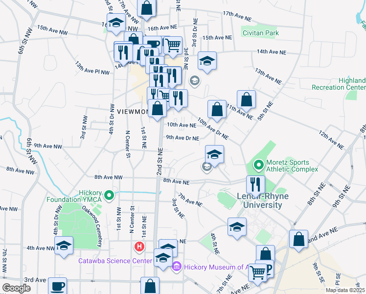 map of restaurants, bars, coffee shops, grocery stores, and more near 904 2nd Street Northeast in Hickory