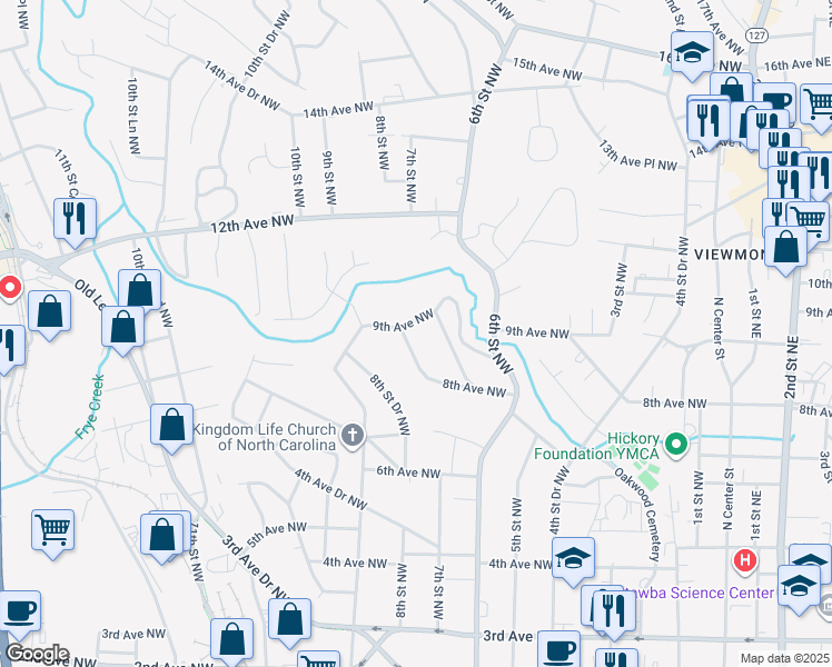 map of restaurants, bars, coffee shops, grocery stores, and more near 860 8th Street Northwest in Hickory