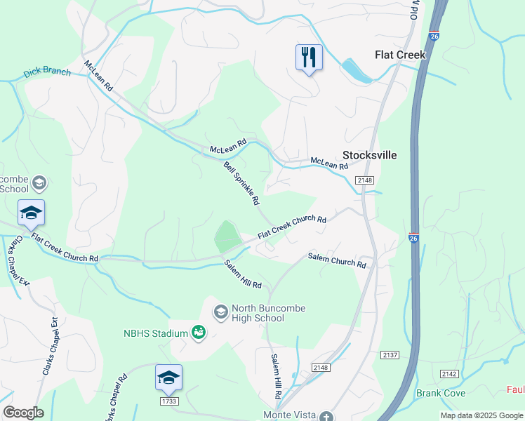 map of restaurants, bars, coffee shops, grocery stores, and more near 49 Flat Creek Church Road in Weaverville