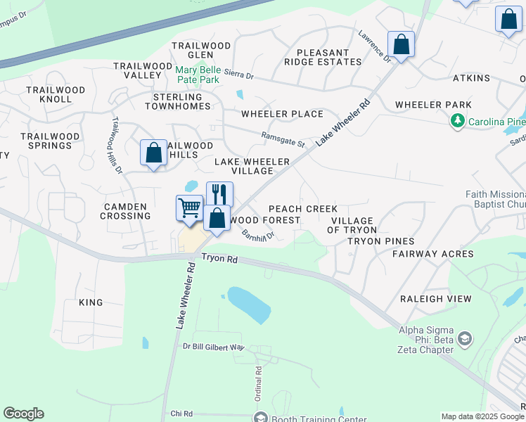 map of restaurants, bars, coffee shops, grocery stores, and more near 2608 Stewart Drive in Raleigh