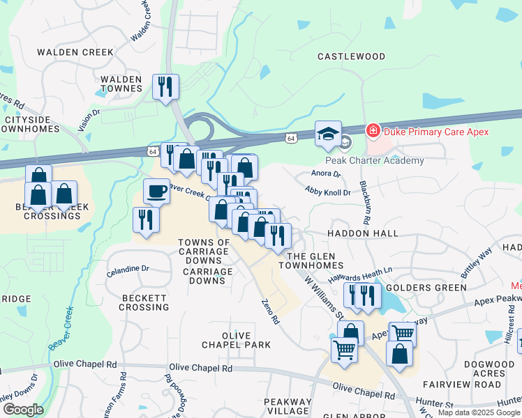map of restaurants, bars, coffee shops, grocery stores, and more near 1150 West Williams Street in Apex