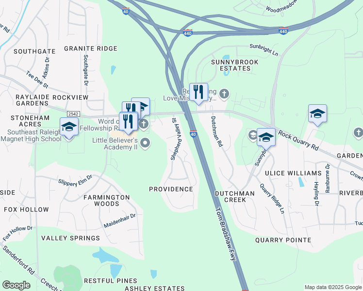 map of restaurants, bars, coffee shops, grocery stores, and more near 2427 Shepherd Valley Street in Raleigh