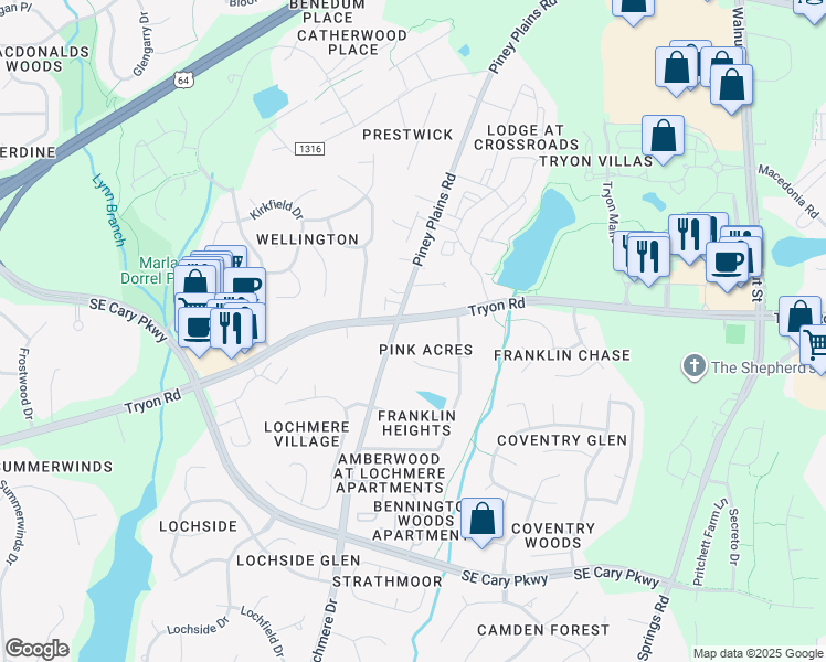 map of restaurants, bars, coffee shops, grocery stores, and more near 6251 Tryon Road in Cary