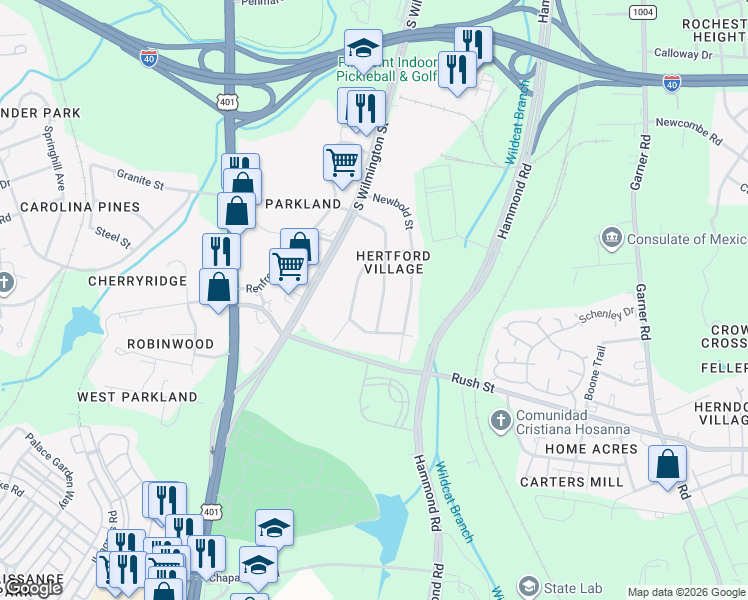 map of restaurants, bars, coffee shops, grocery stores, and more near 2743 Knowles Street in Raleigh