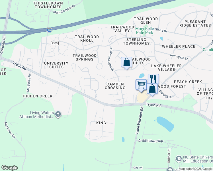 map of restaurants, bars, coffee shops, grocery stores, and more near 2840 Barrymore Street in Raleigh