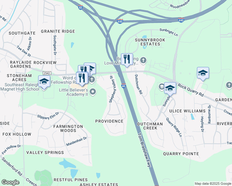 map of restaurants, bars, coffee shops, grocery stores, and more near 2427 Shepherd Valley Street in Raleigh