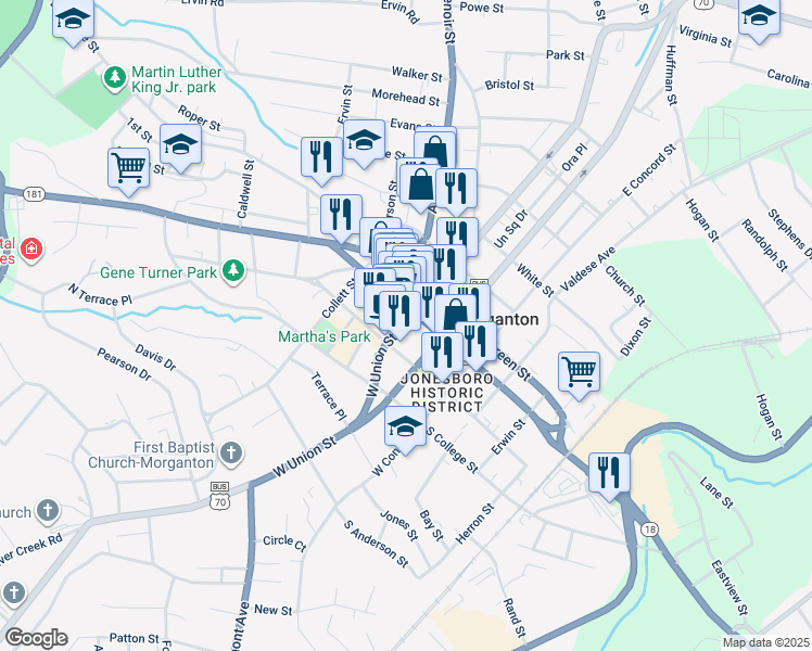map of restaurants, bars, coffee shops, grocery stores, and more near in Morganton