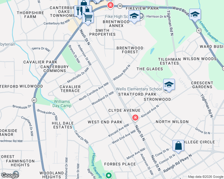 map of restaurants, bars, coffee shops, grocery stores, and more near 1527 Nash Street North in Wilson