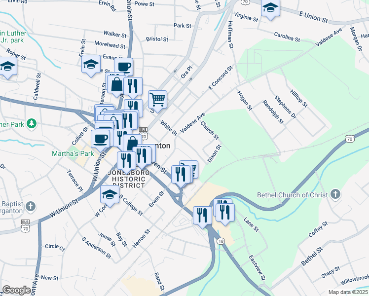 map of restaurants, bars, coffee shops, grocery stores, and more near 310A/F White Street in Morganton