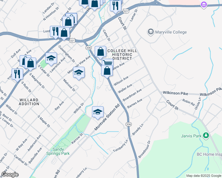 map of restaurants, bars, coffee shops, grocery stores, and more near 907 Montvale Road in Maryville