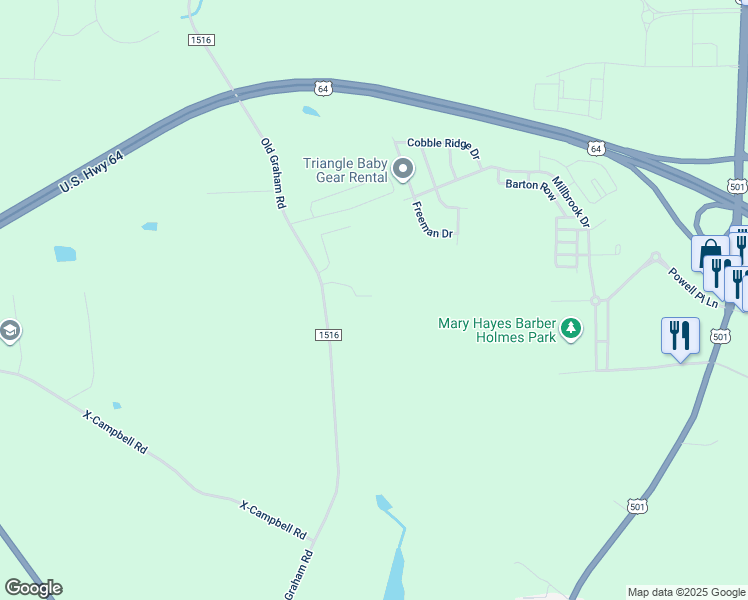 map of restaurants, bars, coffee shops, grocery stores, and more near 121 Wesley Lynn Road in Pittsboro