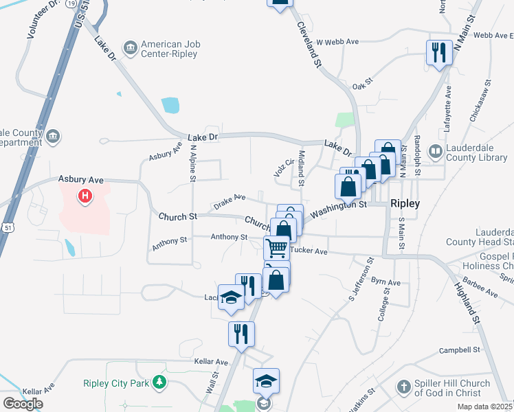 map of restaurants, bars, coffee shops, grocery stores, and more near 204 Drake Avenue in Ripley