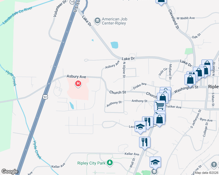 map of restaurants, bars, coffee shops, grocery stores, and more near 283 Church Street in Ripley