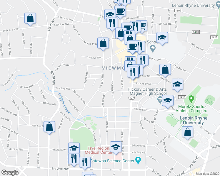 map of restaurants, bars, coffee shops, grocery stores, and more near 917 North Center Street in Hickory