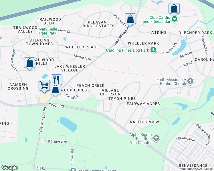 map of restaurants, bars, coffee shops, grocery stores, and more near 2209 Valley Haven Drive in Raleigh