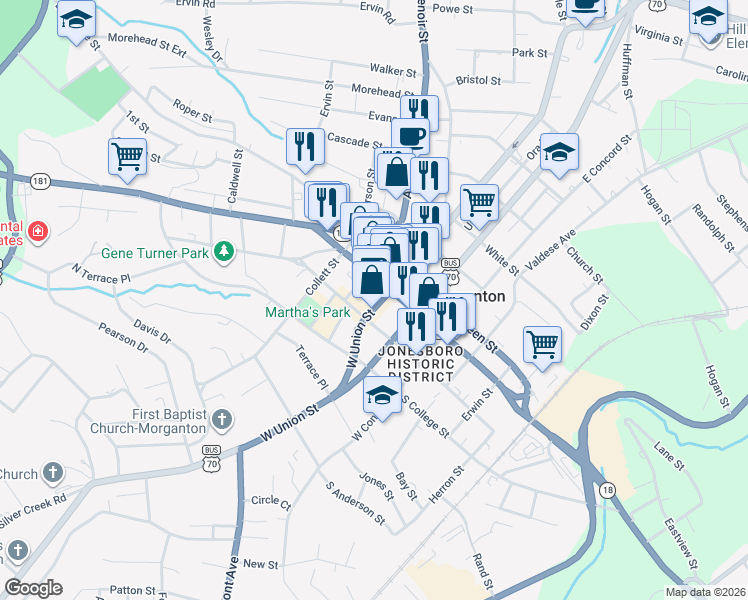 map of restaurants, bars, coffee shops, grocery stores, and more near in Morganton
