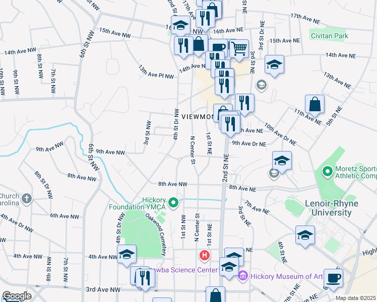 map of restaurants, bars, coffee shops, grocery stores, and more near 917 North Center Street in Hickory