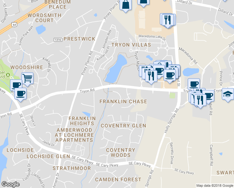 map of restaurants, bars, coffee shops, grocery stores, and more near 105 Gwinnett Place in Cary