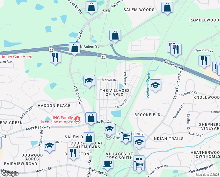 map of restaurants, bars, coffee shops, grocery stores, and more near 935 Ambergate Station in Apex