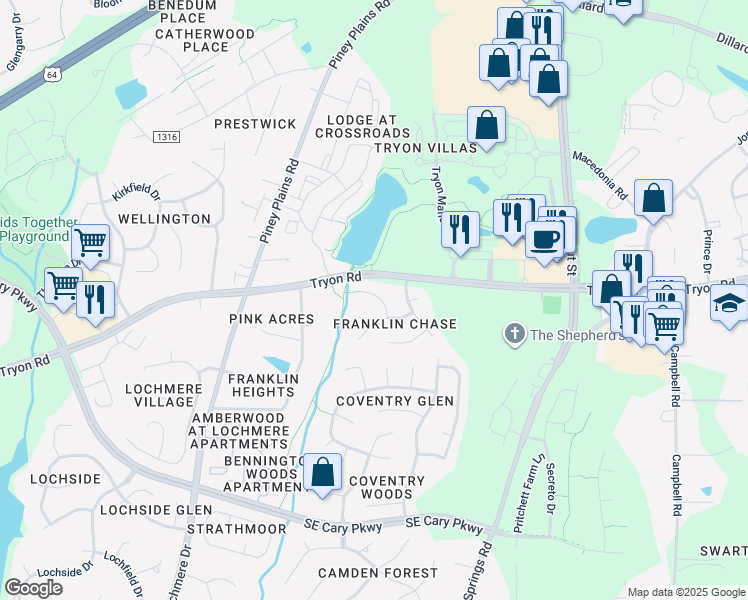 map of restaurants, bars, coffee shops, grocery stores, and more near 105 Gwinnett Place in Cary