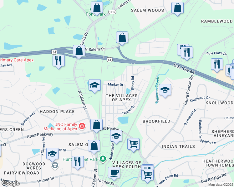 map of restaurants, bars, coffee shops, grocery stores, and more near 935 Ambergate Station in Apex