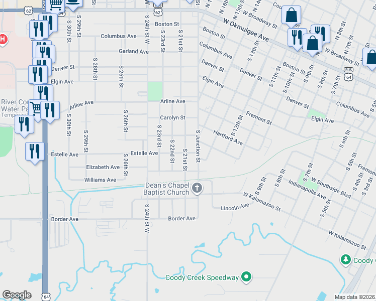 map of restaurants, bars, coffee shops, grocery stores, and more near 2000 Estelle Avenue in Muskogee