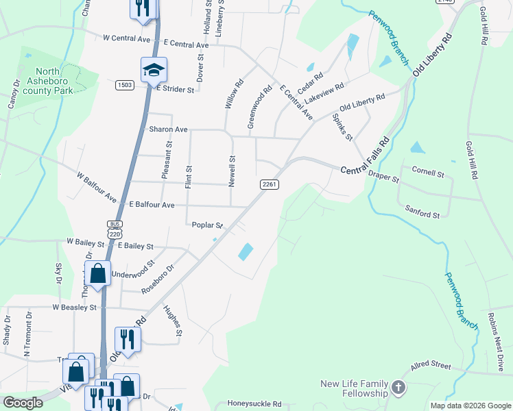 map of restaurants, bars, coffee shops, grocery stores, and more near 528 Old Liberty Road in Asheboro