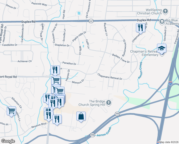 map of restaurants, bars, coffee shops, grocery stores, and more near 2962 Buckner Lane in Spring Hill