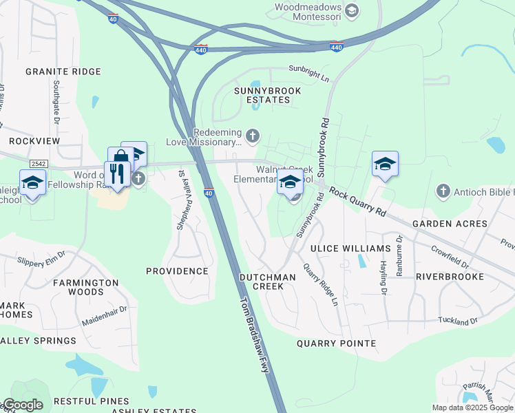 map of restaurants, bars, coffee shops, grocery stores, and more near 2626 Dutch Grove Circle in Raleigh