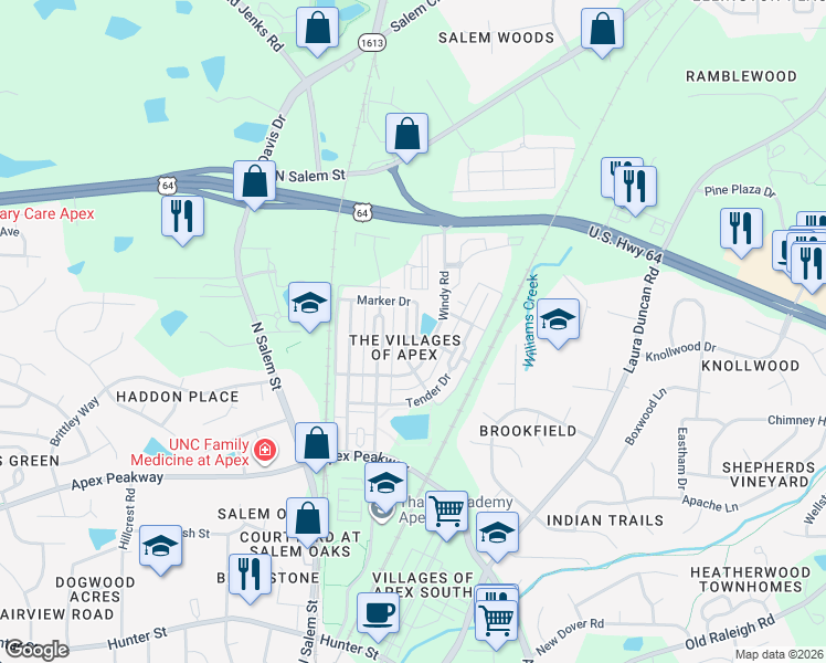 map of restaurants, bars, coffee shops, grocery stores, and more near 1101 Wandle Lane in Apex