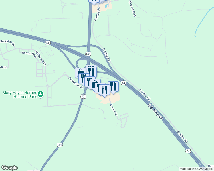 map of restaurants, bars, coffee shops, grocery stores, and more near 121 Lowes Drive in Pittsboro