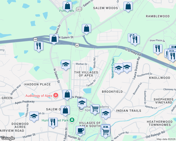 map of restaurants, bars, coffee shops, grocery stores, and more near 927 Shoofly Path in Apex