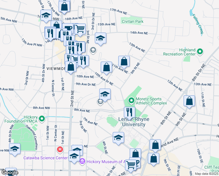 map of restaurants, bars, coffee shops, grocery stores, and more near 420 10th Avenue Drive Northeast in Hickory