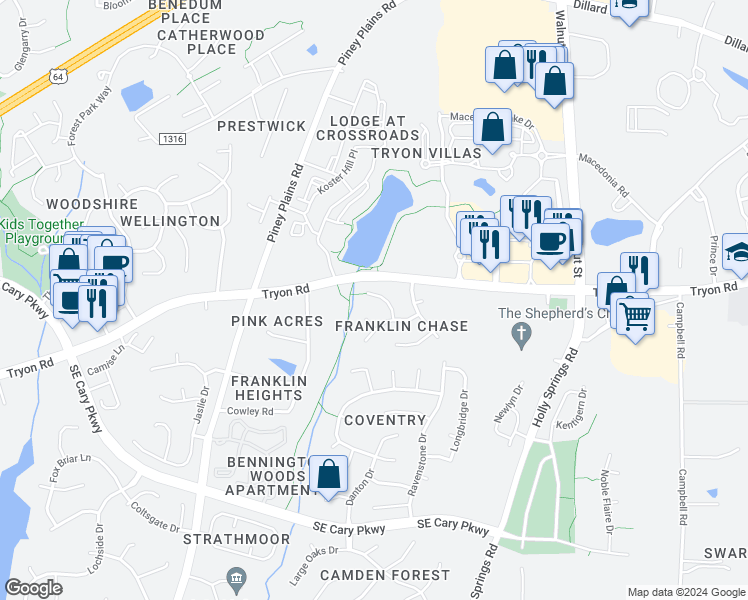 map of restaurants, bars, coffee shops, grocery stores, and more near 107 Gwinnett Place in Cary