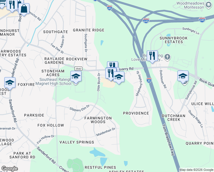 map of restaurants, bars, coffee shops, grocery stores, and more near 3404 Olde Birch Drive in Raleigh