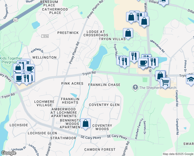 map of restaurants, bars, coffee shops, grocery stores, and more near 107 Gwinnett Place in Cary