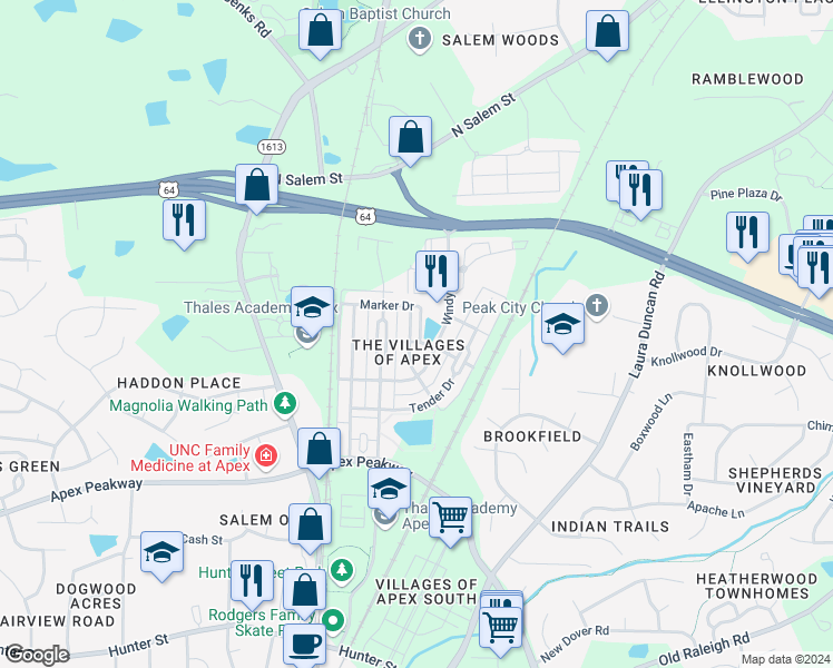 map of restaurants, bars, coffee shops, grocery stores, and more near 927 Shoofly Path in Apex