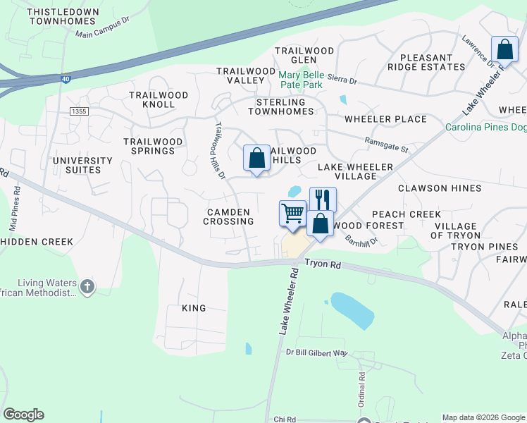 map of restaurants, bars, coffee shops, grocery stores, and more near 2525 Ferndown Court in Raleigh