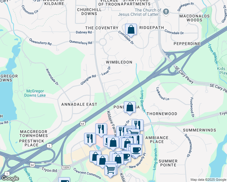 map of restaurants, bars, coffee shops, grocery stores, and more near 1705 Kildaire Farm Road in Cary