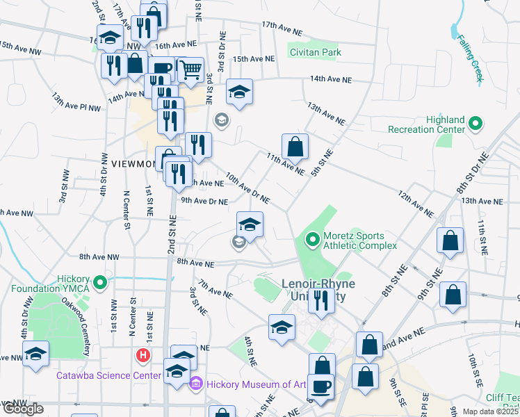 map of restaurants, bars, coffee shops, grocery stores, and more near 420 10th Avenue Drive Northeast in Hickory