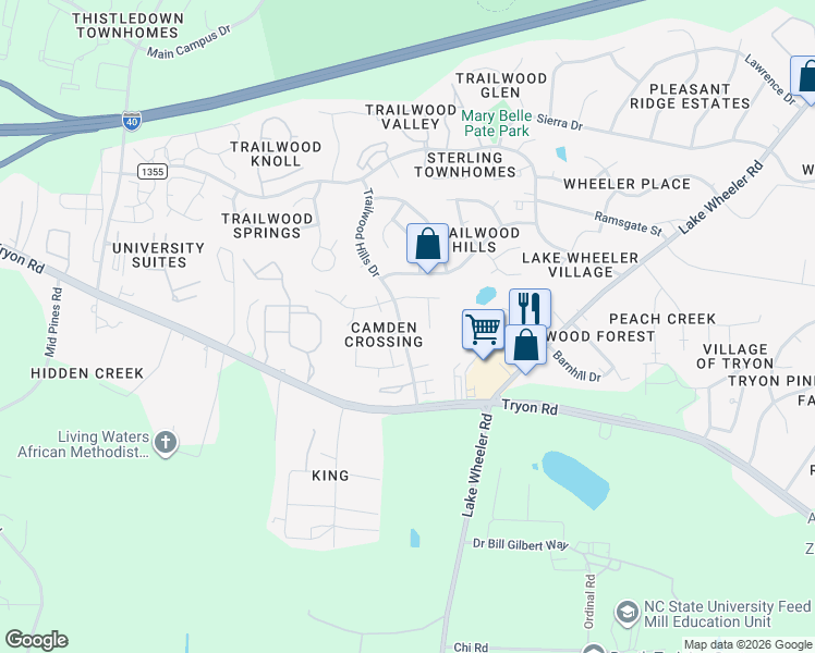 map of restaurants, bars, coffee shops, grocery stores, and more near 2601 Trailwood Hills Drive in Raleigh